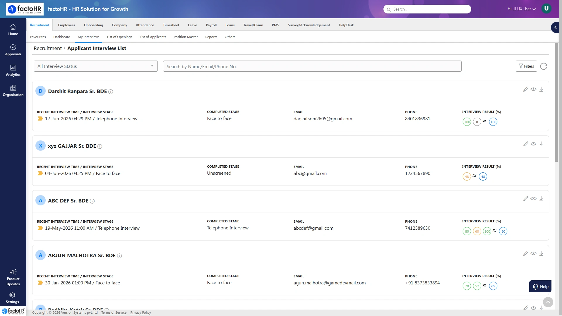 Recruitment and onboarding software applicant interview list