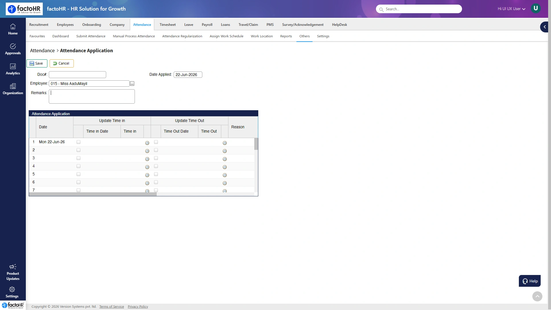 Attendance management system dashboard with punches and shifts