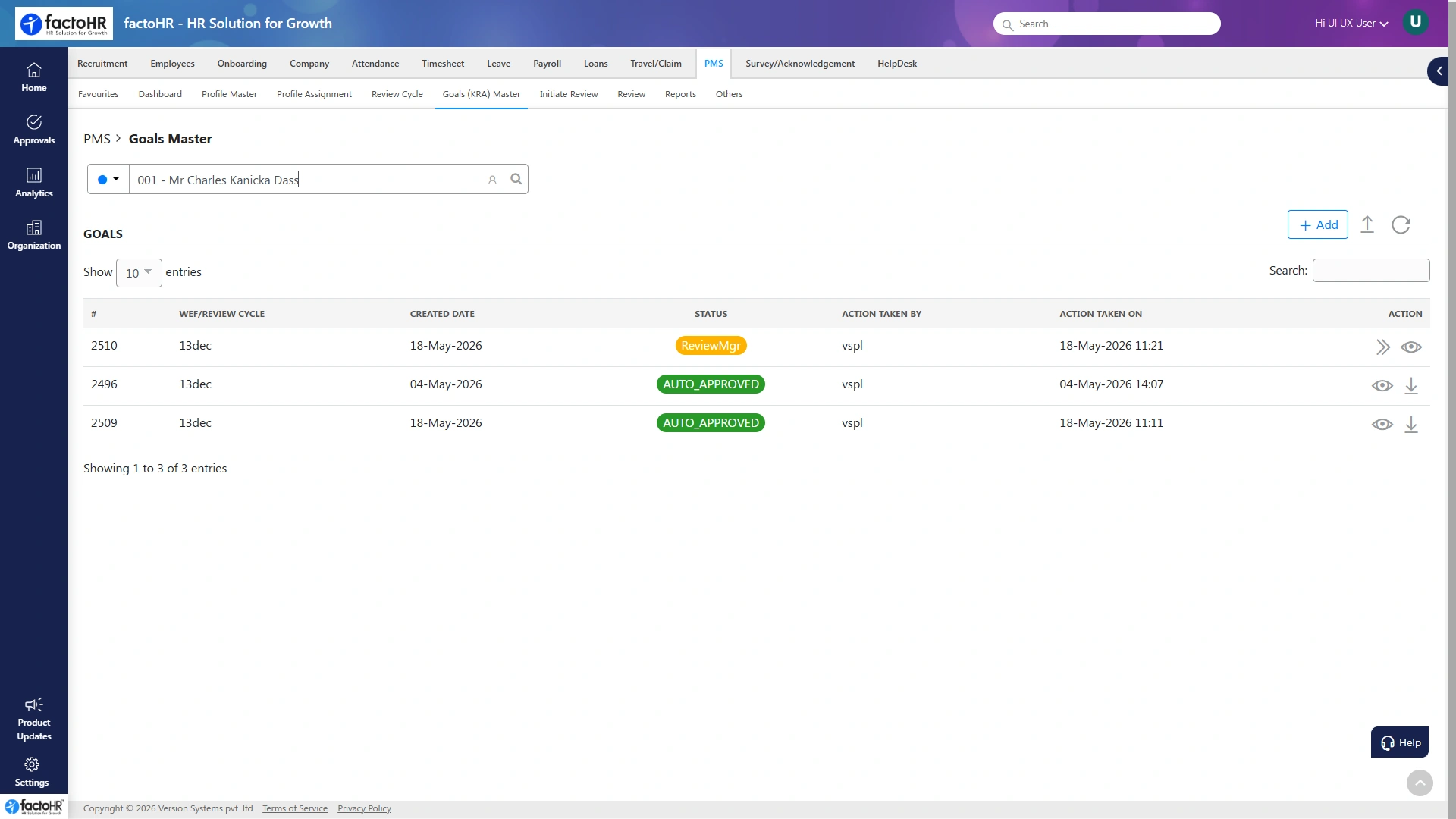 Performance management software goals and KRA master setup
