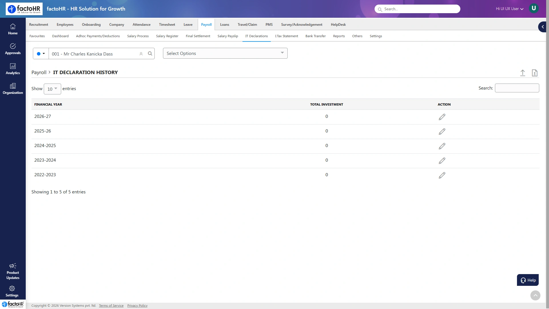 Employee self-service software income tax declarations