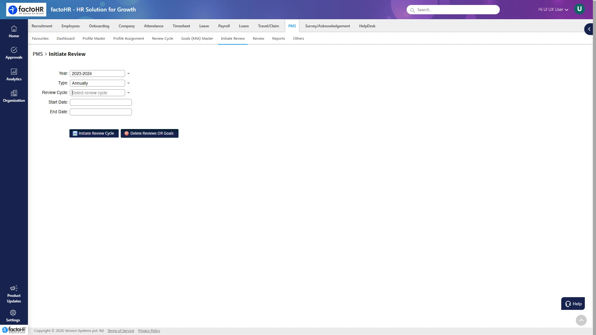 Performance management software initiate review cycle screen