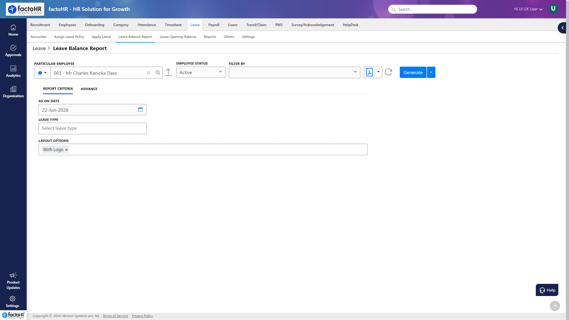 Leave management system balance and holiday report