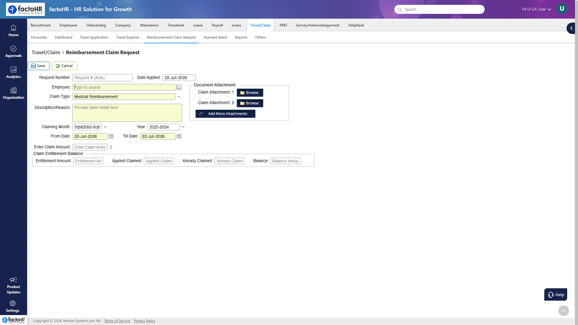 Travel and expense software reimbursement claim request
