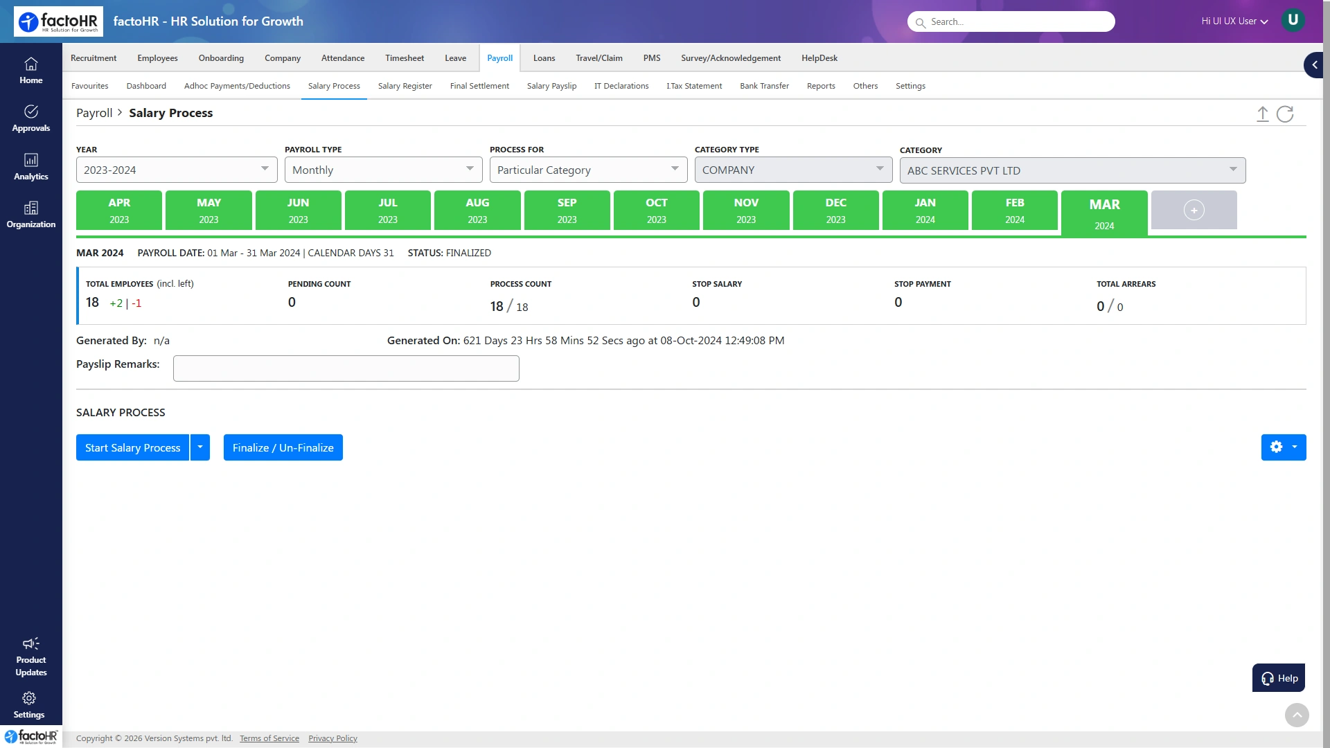 Payroll software salary processing run with statutory deductions