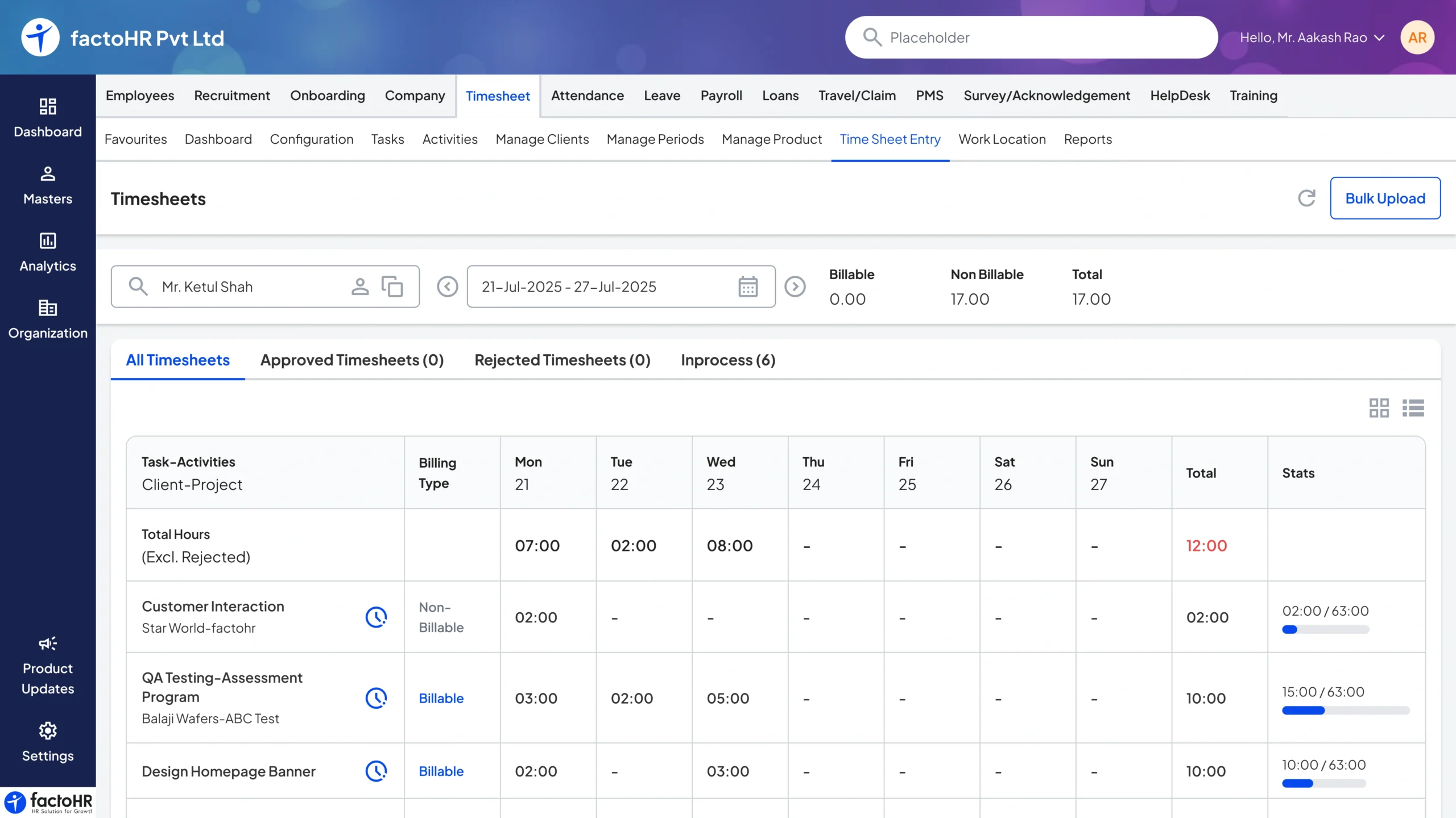 HR and payroll software for IT companies project timesheet entry